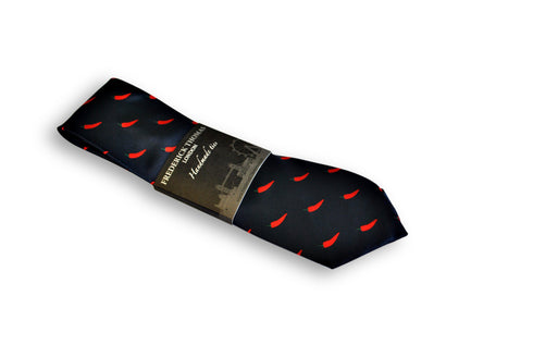 navy tie with red chilli pepper design