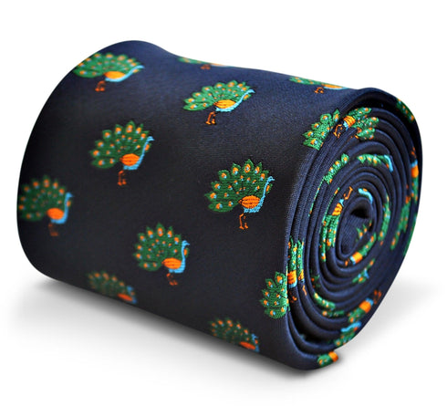 navy tie with peacock (fanned tail) design
