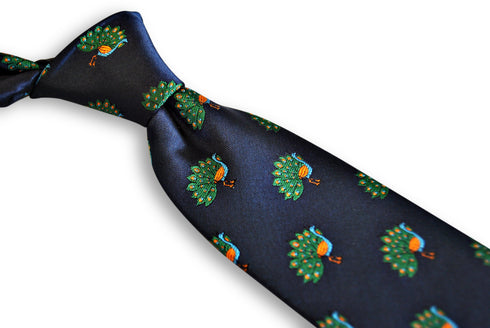 navy tie with peacock (fanned tail) design