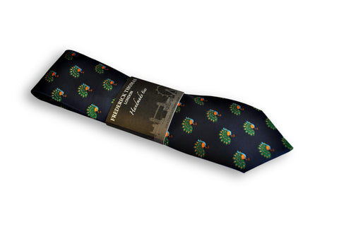 navy tie with peacock (fanned tail) design