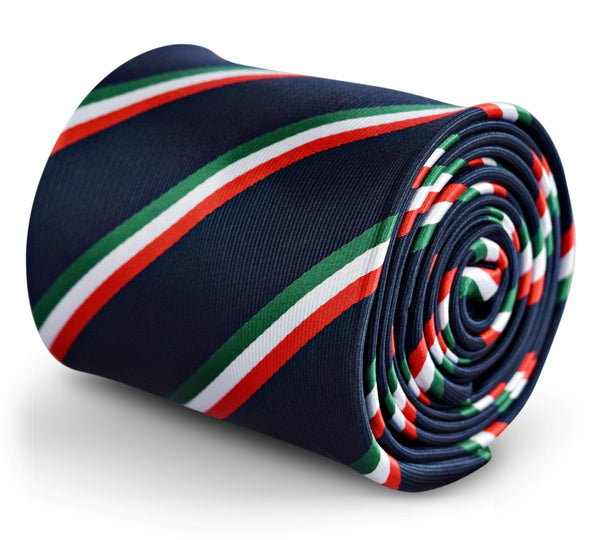 navy tie with red, green and white stripe design