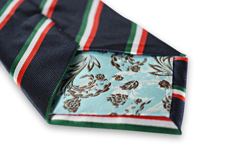 navy tie with red, green and white stripe design