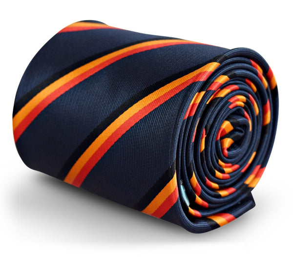 navy tie with red, black and orange stripe design