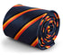 navy tie with red, black and orange stripe design