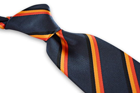 navy tie with red, black and orange stripe design