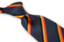 navy tie with red, black and orange stripe design