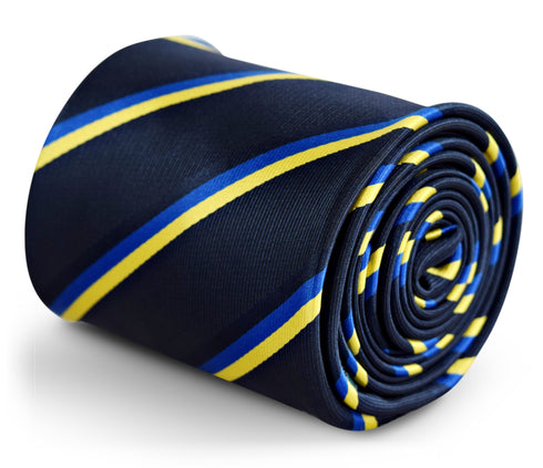 navy tie with royal blue and yellow gold stripe design