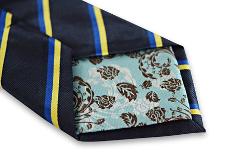 navy tie with royal blue and yellow gold stripe design
