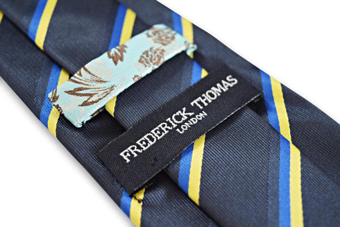navy tie with royal blue and yellow gold stripe design