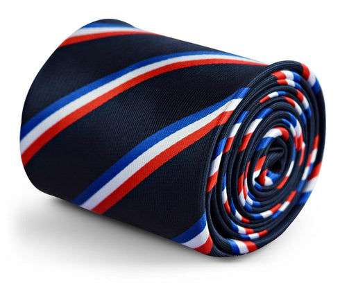 navy tie with red, white and blue striped design