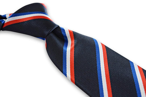 navy tie with red, white and blue striped design