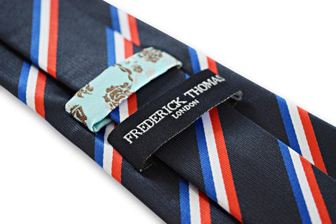 navy tie with red, white and blue striped design