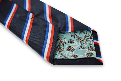 navy tie with red, white and blue striped design