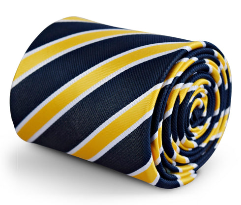navy tie with yellow and white stripe design