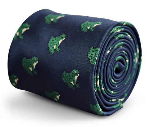navy tie with green frog design