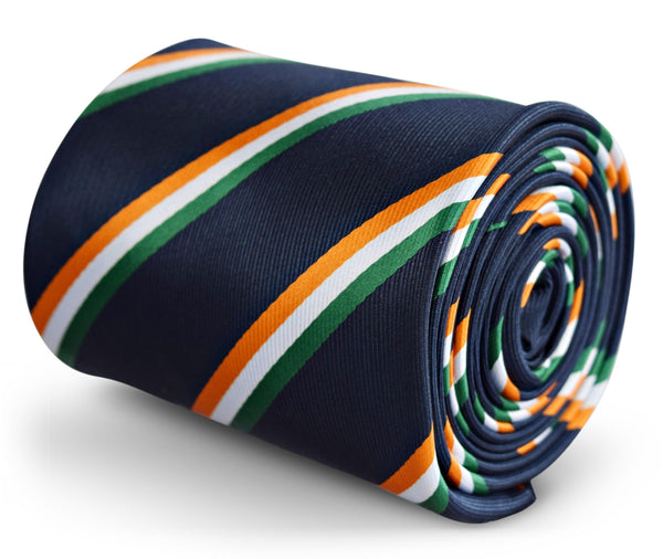 navy tie with orange, green and white stripe design