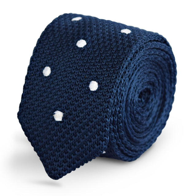 navy with white polka spots skinny knitted tie with pointed end
