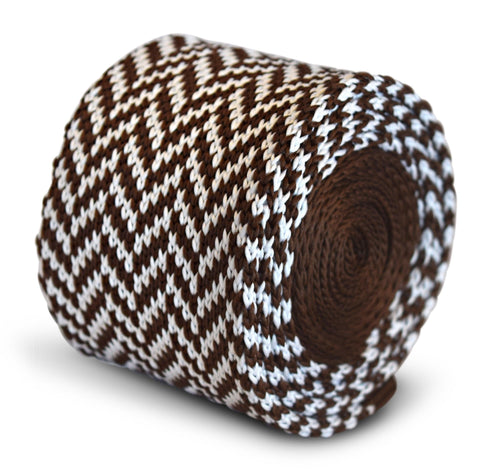 brown and white herringbone knitted tie