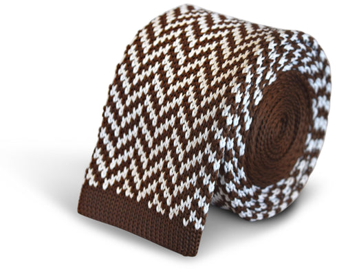 brown and white herringbone knitted tie