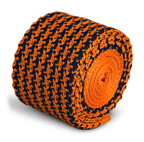 navy and orange dogtooth design knitted tie