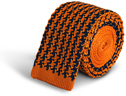 navy and orange dogtooth design knitted tie