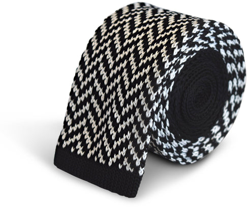 black and white herringbone knitted tie