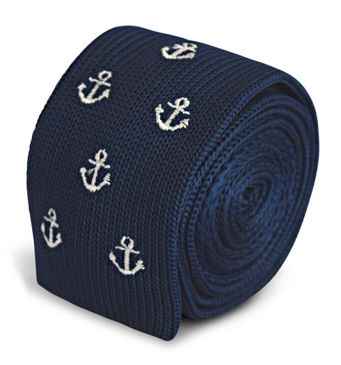 navy skinny knitted tie with anchor design