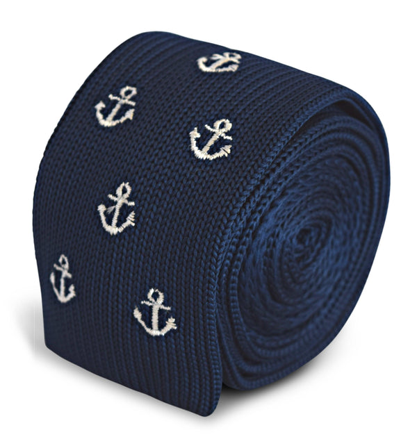 navy skinny knitted tie with anchor design