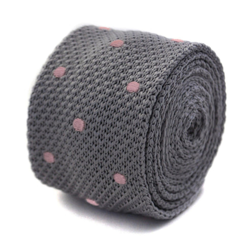 grey skinny knitted tie with pink polka dots