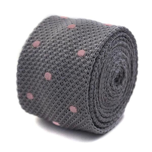 grey skinny knitted tie with pink polka dots