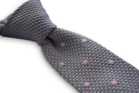 grey skinny knitted tie with pink polka dots