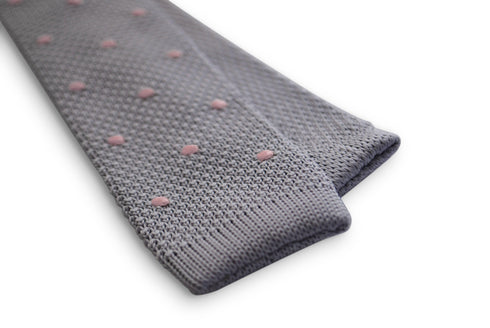 grey skinny knitted tie with pink polka dots