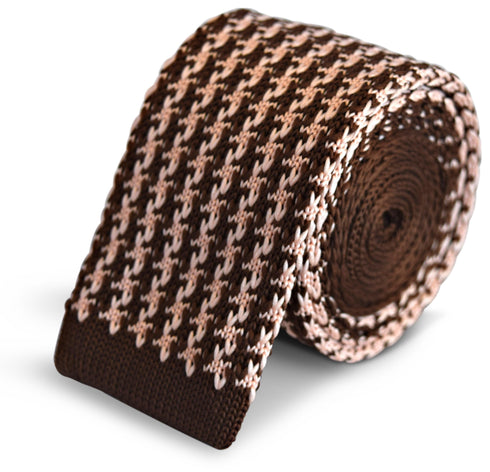 chocolate brown and pale blush pink dogstooth knitted tie