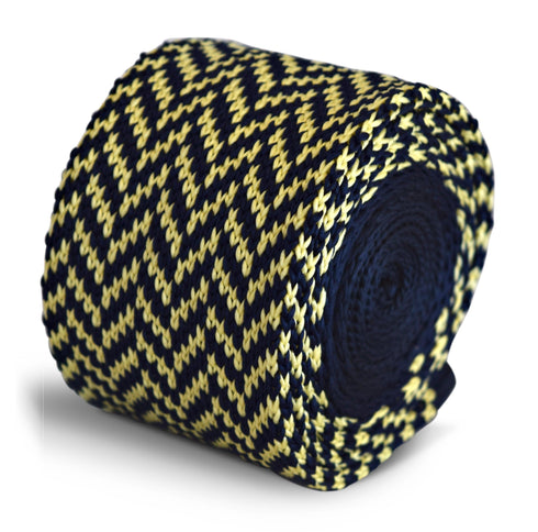 navy blue and yellow herringbone knitted tie