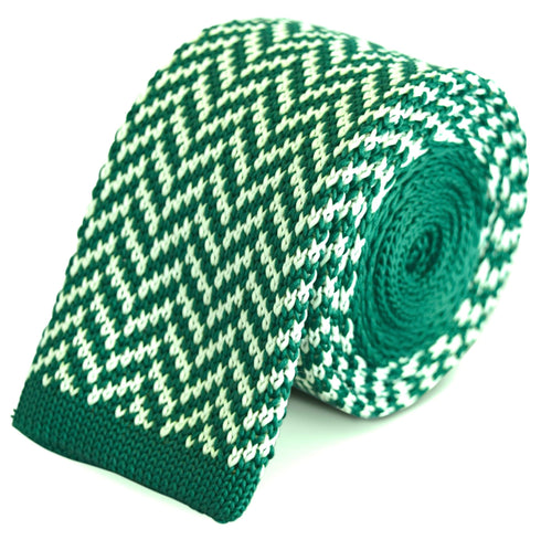 green and white herringbone knitted tie