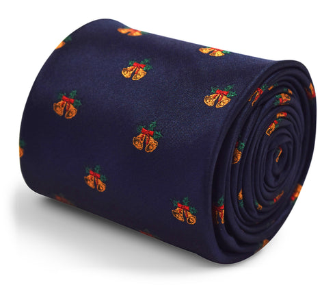 navy christmas tie with bells design