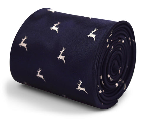navy tie with leaping stag/deer design