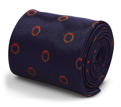 navy christmas tie with wreath design
