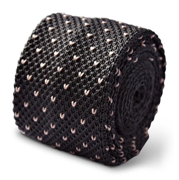 grey skinny knitted tie with pink pin spots