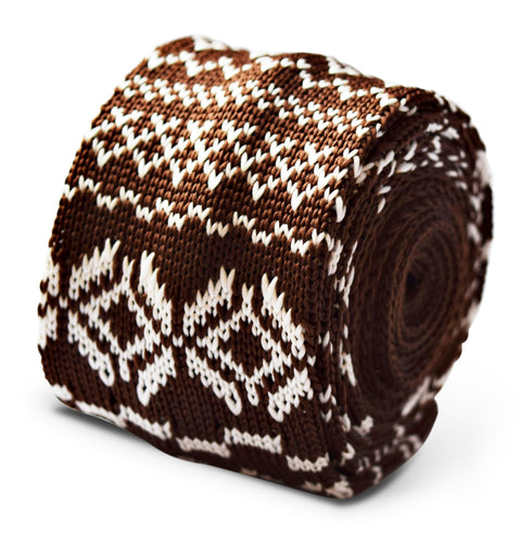 brown and white with christmas jumper design knitted skinny tie