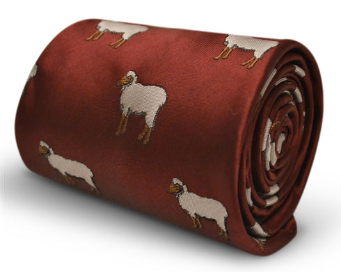 maroon tie with sheep embroidered design
