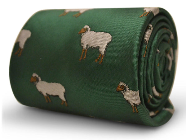 green tie with sheep embroidered design