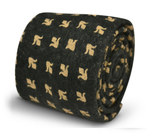 dark grey blue with gold fleur de lis design slim wool tie