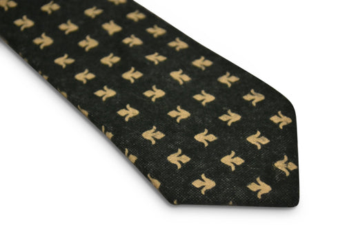 dark grey blue with gold fleur de lis design slim wool tie