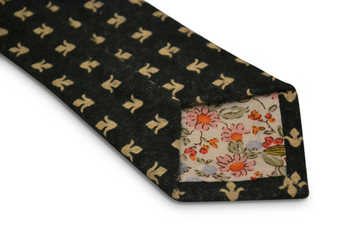 dark grey blue with gold fleur de lis design slim wool tie