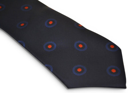 navy blue tie with red target print design