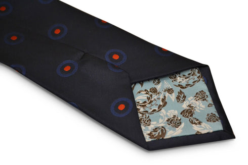 navy blue tie with red target print design