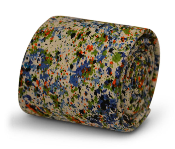white with blue and green paint splatter design cotton tie
