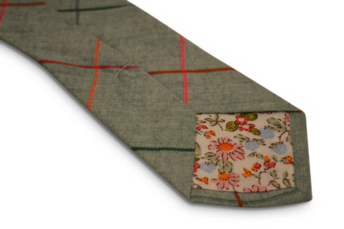 light green grey with multicoloured check design cotton tie