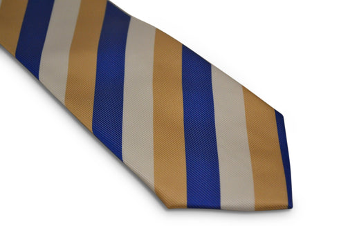 white, yellow gold and blue striped design tie